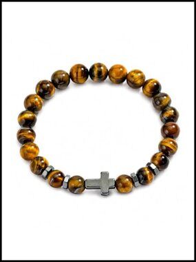 Tiger Eye Beaded Cross Stretch Bracelet Healing Anxiety Catholic Rosary Men